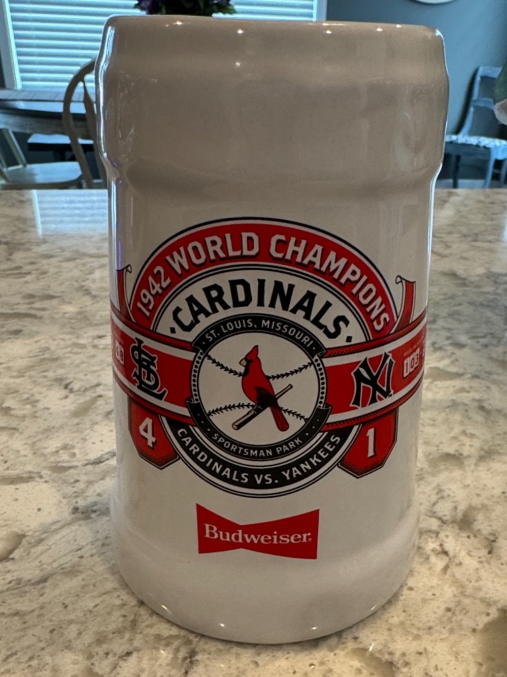 Budweiser White Ceramic Stein with Red Cardinals Championship Graphics